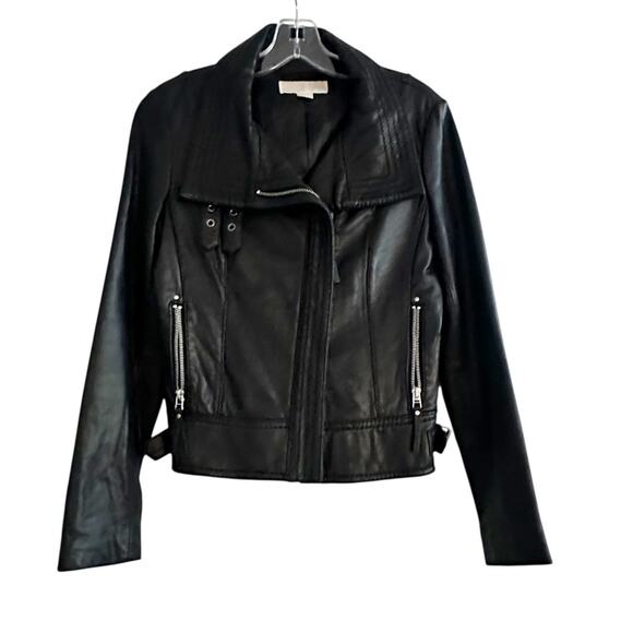 Michael Kors Genuine Leather Black Moto Jacket Biker S/P Small Petite Zipper - Picture 2 of 16